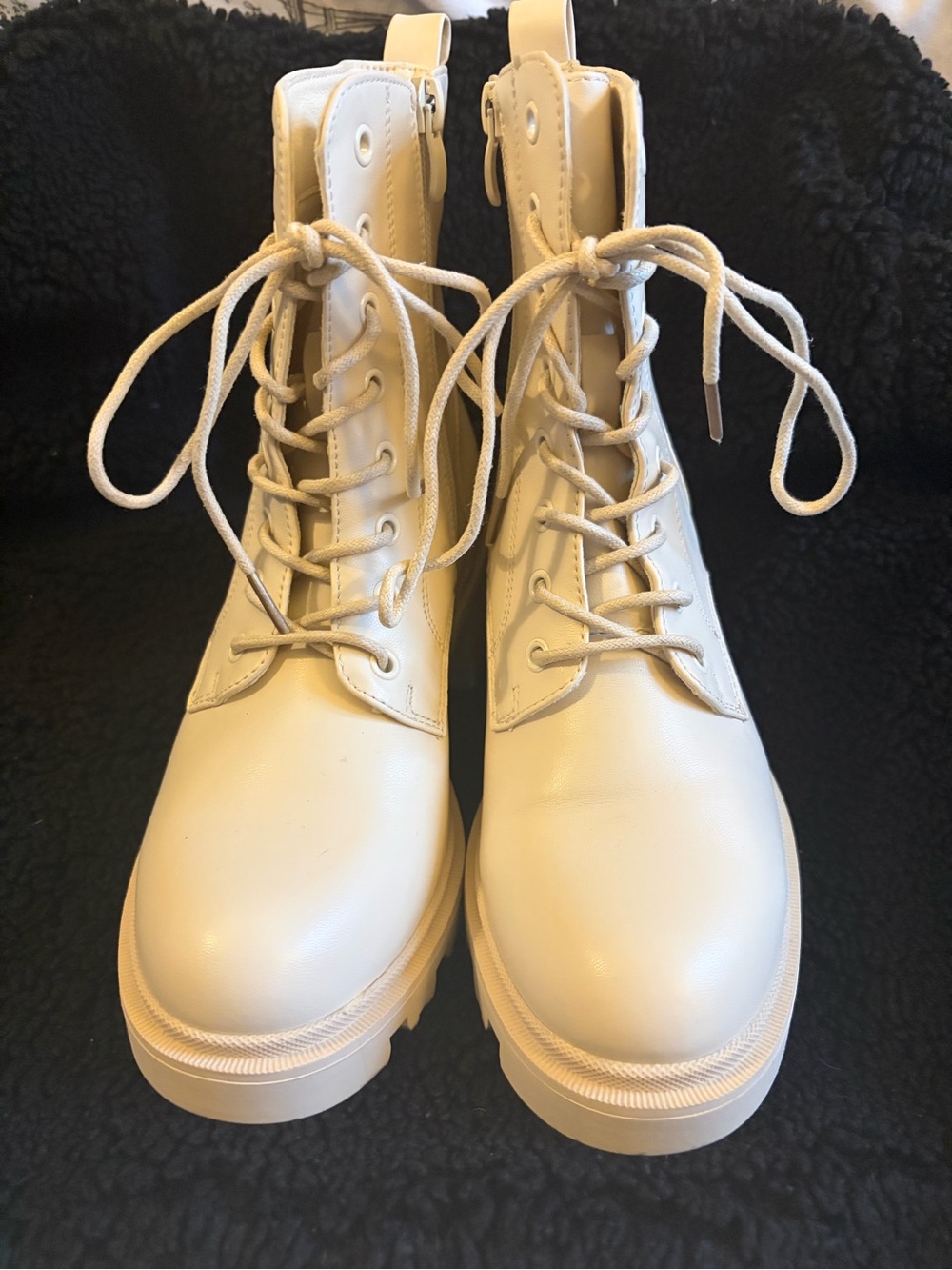 Dream Pairs Cream Lace-Up Combat Boots with Side Zipper